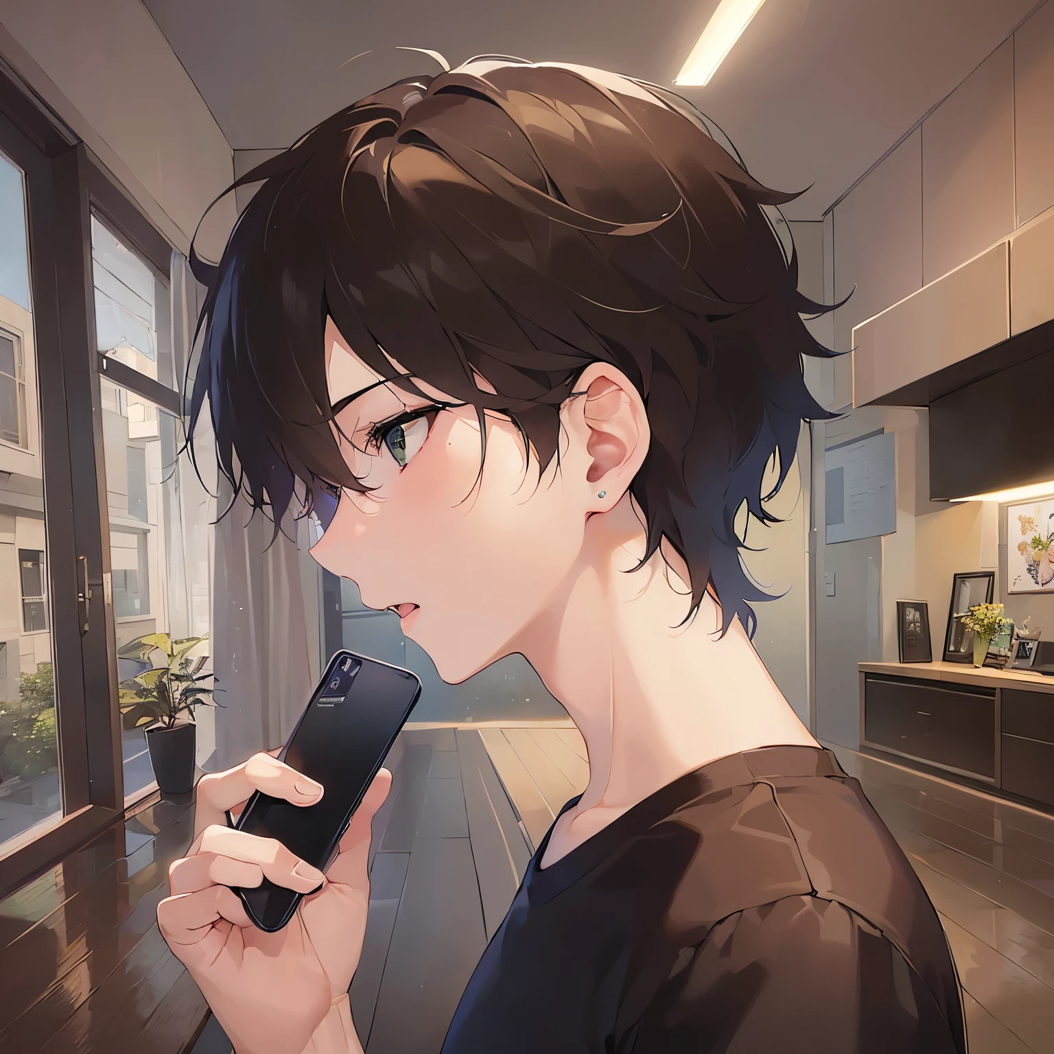 (25-year-old male:1.5) and (Brown short hair) and (Green Eyes), (looking away:1.5),upper body、profile、 Talking on the phone、(talking on the smartphone:1.5),(handling_smart_phone, smart_phone:1.2)、
shiny skin, (looking away:1.5)、masterpiece、Highest quality、
(Black Shirt:1.5)、
worried、open mouth,The background is the living room、(alone:1.5)