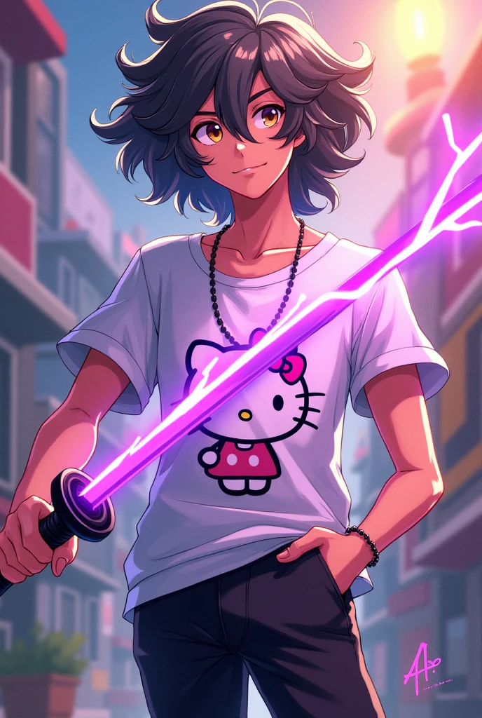 I want a character with brown eyes and curly hair, Half gray around the eye, He has a black mark, He has black hair, Make him smile, He's wearing a white shirt with a Hello Kitty print and black pants., Character is male and in the anime don style'Don't forget to make the black lightning blade he is holding a purple katana Imbued with black and red lightning