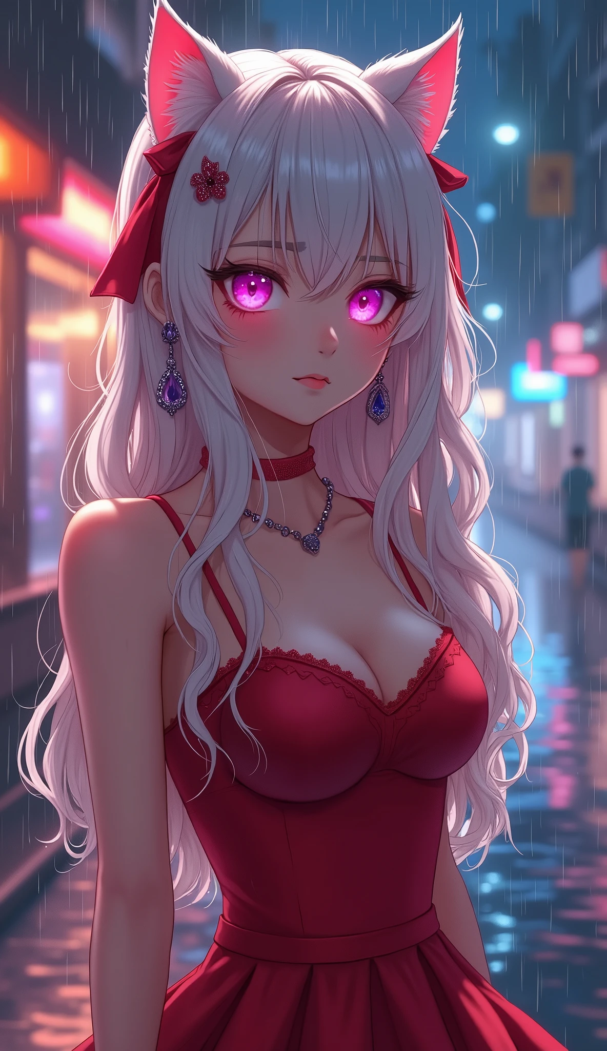 photorealistic,Realistic illustration in Modelshoot style,((masterpiece)),((The best quality)),((Ultra Quality)),((ultra detailed)),((1girl long white hair)),((Only)),((waifu:1.5)),Perfect anatomy,perfect hands,beautiful cuerpo,beautiful_method,ulzzang-6500-v1,e-chica,Exceptionally Beauty Waifu Princess Mary R., intricate details, realist, photorealist, Full Body Portrait, Instagram Photo of a woman wearing aretes, Mary R., inspired by Emma Andijewska, wrapped in crystals,(masterpiece:1.3), (Best Quality:1.3), (Ultra-detailed:1.2), ((kawaii)), Cute, (lovely), ((sexy)), ((Extremely detailed)), 4K, (8K), Best Quality, (Beautiful), Illustration, anime style, (bold line:1.2), Gradation,(best quality, ultra-detailed, photorealistic: 1.39), bright and vibrant colors, studio lighting, (Perfect eyes:1.2), (Perfect iris:1.2), romantic kawaii expression, cute delicate smile, kawaii makeup, 17-year-old e-girl, short red dress, platinum braided and curl white hair, cat ears, big breasts, fit, long wavy hair, mercenary, Mary R.,((bright-pink_eyes)),long wavy hair,hair clips,eyeliner,cute makeup,lipstick,Glossy lipstick,with a look of terror, worry and sadness,((eyes detallados perfectos)),rainy with fog outside,evening,pink theme,bioluminiscencia,light particles,((Extremely CG Unity 8K Wallpaper)),((cinematic lighting,Best quality lights)),intricate details,Suave,sharp focus,Extremely beautiful and aesthetic,Octane rendering,Full length portrait,damp skin,((Perfect detailed body)),