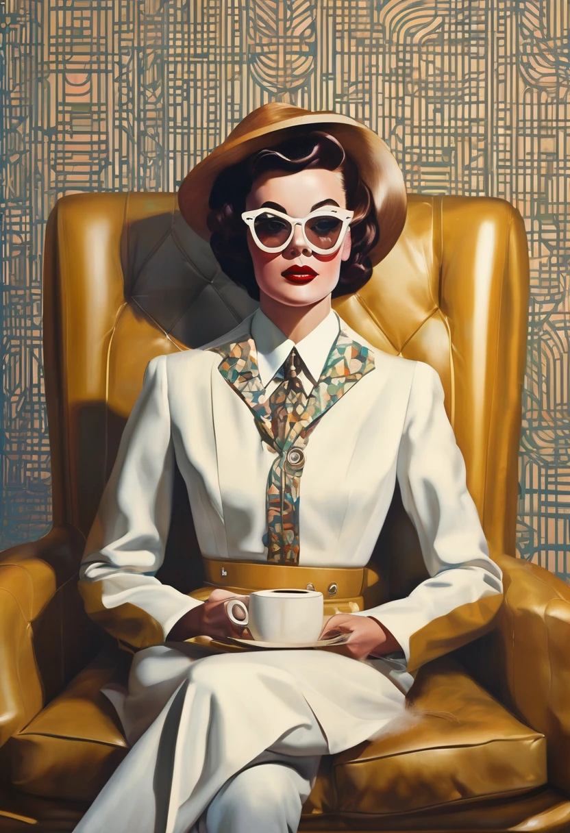 A blend of 1950s futurism and modern tech, with vintage patterns and sleek, shiny finishes. in style of Christopher Ryan McKenney, full body portrait of character sitting in the living room