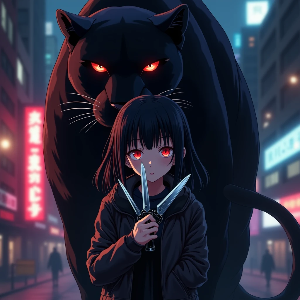 Yuri  with black hair and red eyes in action at spy and family in anime style with both knife in hands hidding her face only her red eyes glimmering at dark city light... There's a big huge black panther on her back


