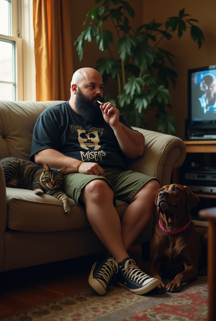 A white man, chubby bald guy with a short black beard. With small gold hoop earrings and prescription glasses. Wearing a black Misfits band shirt, cargo shorts are all star sneakers. Must be sitting on a couch watching TV. smoking a joint. With a black and yellow striped cat, next to a large chocolate brown labrador dog wearing a pink collar sitting next to.