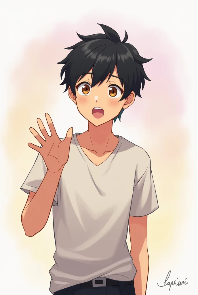 A simple 2d anime men character standing with black hair brown eyes hand in explaining gesture