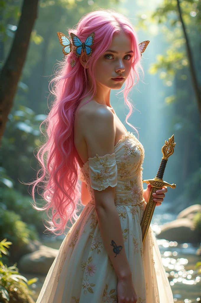 A very beautiful girl, Young and sexy with extremely pink hair with blue streaks. Her skin is white and delicate and has golden butterflies scattered that are like tattoos, besides her body being covered in a shiny golden powder, your eyes are silver, She is noble e possui vestes chiques e elegantes porém é uma aventureira filha de uma fada, She is noble, She is also a bard and loves music, She is always with her delicate lute, besides carrying her beautiful sword with her dagger shaped like a flower.