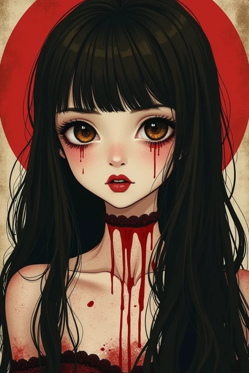 Vampire girl with chocolate brown eyes and long dark brown hair and NO BANGS. Small eyes and small heart-shaped lips. The girl is covered in blood. It's in the style of goth and tim bertchen.ukiyo-e,