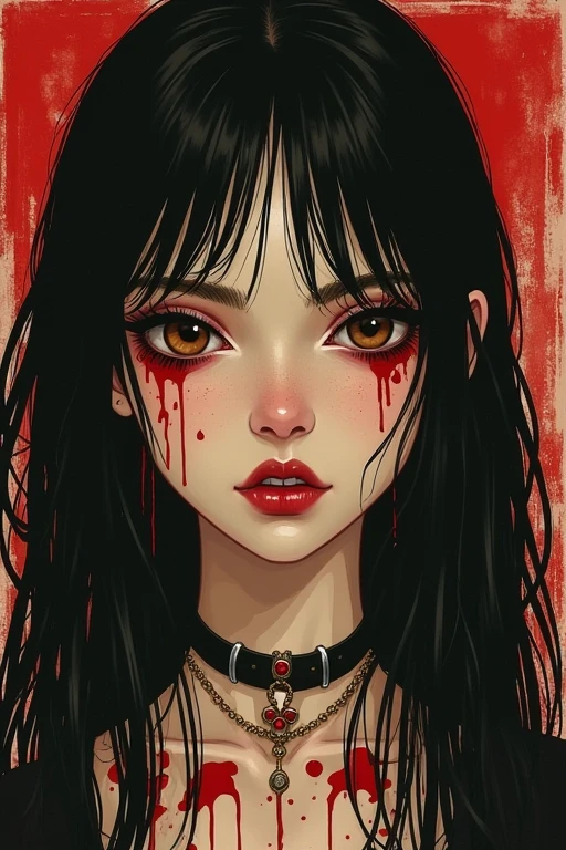 Vampire girl with chocolate brown eyes and long dark brown hair and NO BANGS. Small eyes and small heart-shaped lips. The girl is covered in blood. It&#39;s in the style of goth and tim bertchen.ukiyo-e, 