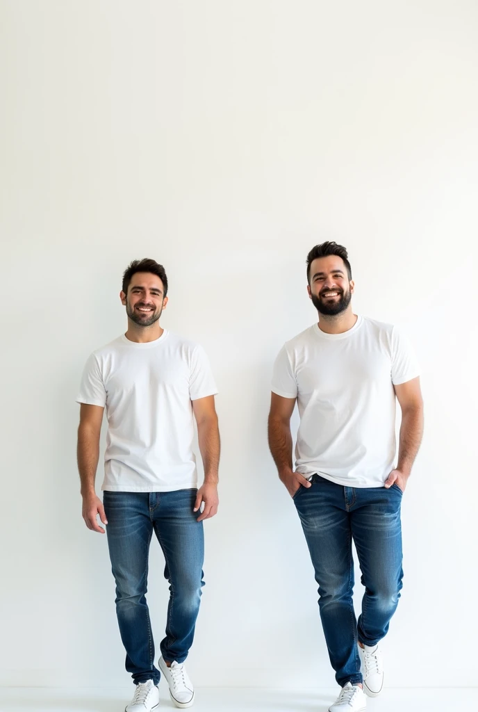 Create a split-image of the same man shown side by side against a plain white background to illustrate a before and after transformation. In the 'before' image on the left, depict the man as shorter and wearing a plain white T-shirt and jeans. In the 'after' image on the right, show the same man taller, wearing the same white T-shirt but with casual pants instead. Both images should have the man smiling and looking directly at the camera, with a noticeable difference in height and presence. The background should be minimalist with natural lighting, highlighting the transformation.