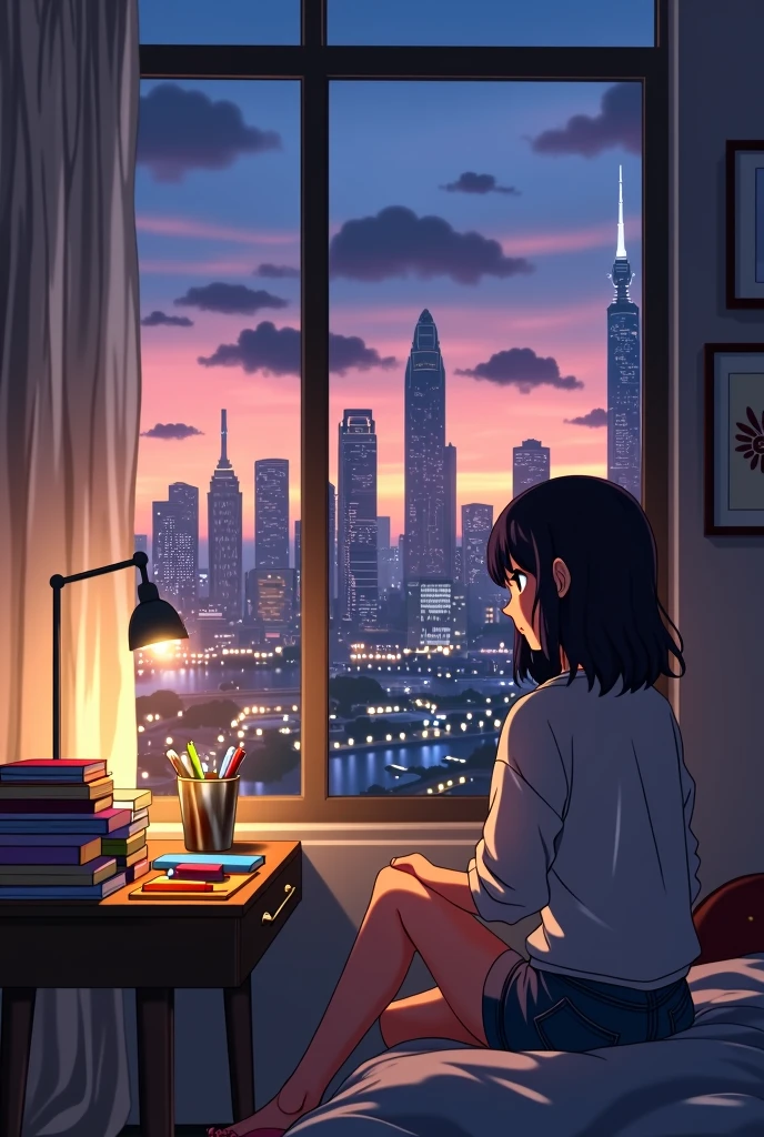 Generate a scene featuring an anime-style girl sitting on a bed in a modern city apartment at dusk. The room should have a cozy and relaxed atmosphere with a lamp illuminating a desk cluttered with books and stationery. The girl has shoulder-length dark hair and is dressed casually. She is gazing thoughtfully out the window at the city skyline, which is bathed in the warm hues of the setting sun. The background should include tall buildings with their lights starting to turn on, creating a seren