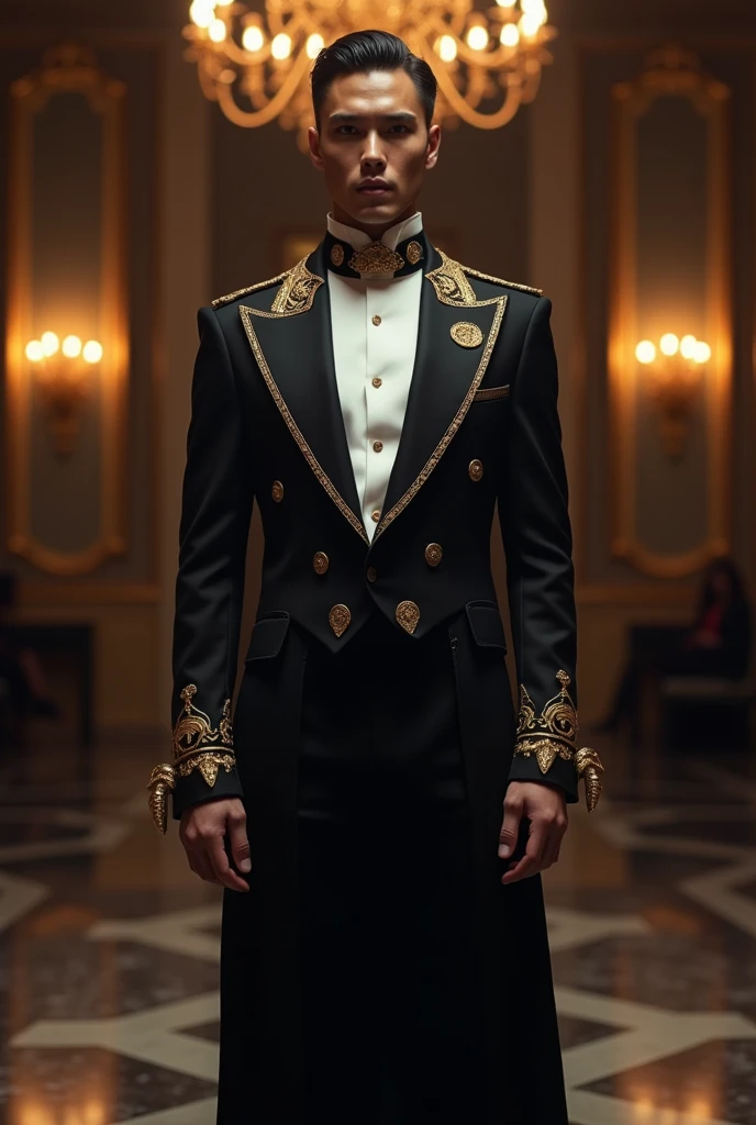 Create a formal uniform in black and gold with the name villania, with a white shirt and a black jacket above it.
