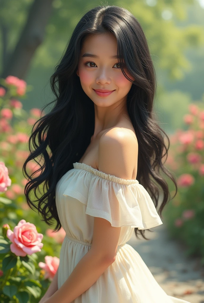 Fair skin、Long Black Hair、clear、Deep-set eyelids、Neutral facial features、Realistic、Mature face、Cool-looking features、White Dress、smile