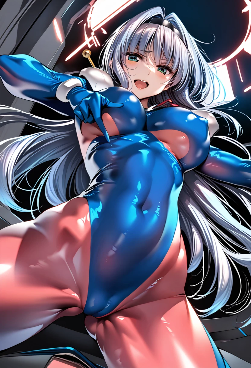 Neck ribbon,Perfect hands, Perfect Fingers,Perfect Anatomy, masterpiece, Highest quality,Anime Style, 16k hdr,One person, Large ,Erect ns,BlueStraight Long Hair,Mobile Trace Suit, Shoulder Armor,(Red and blue bodysuit:1.4),Sexy pose, Upper Bo cockpit,From below,Spryour legs