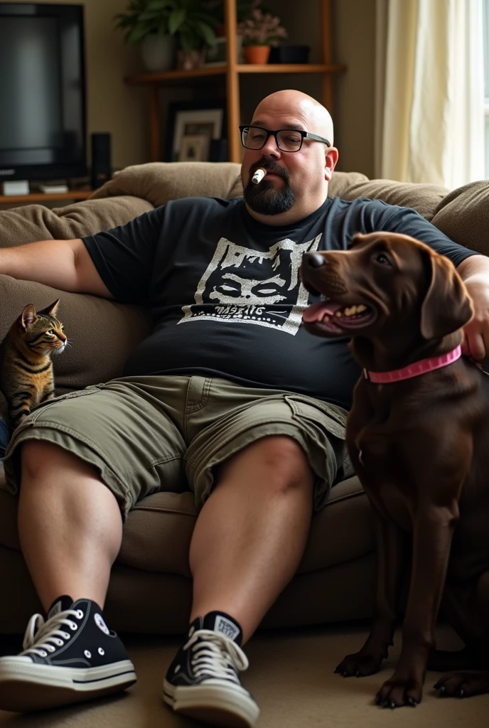A white man, chubby bald guy with a short black beard. With small gold hoop earrings and prescription glasses. Wearing a black Misfits band shirt, cargo shorts and All Star sneakers. Must be sitting on a couch watching TV. smoking a joint. With a black and yellow striped cat, next to a large chocolate brown labrador dog wearing a pink collar sitting next to.