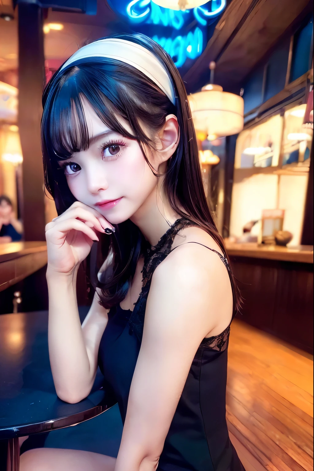 1 girl, Drinking at a bar at night, She is wearing a black dress,He is holding a tail glass in his left hand.。She is wearing a long black dress and is very sexyeadband Lace with black ribbon, she is AYA MIYABI, 22 years old, Bishojo, looking at viewer, she is famous Japanese idol, kawaii, (mascara), eyeliner, almond eye, natural eyebrows, thin lips, Natural color lip, extremely detailed skin, fair skin, smile, cute, realistic face, slender face, beautiful skin, flat chest, clavicle, slender body, black straight hair, medium long hair, Forehead, delicate thighs, skinny legs, lean legs, Best quality, (8k, RAW photo, best quality, childise, masterpiece:1.2), ultra-detailed, (realistic, photo realistic:1.37), high detail RAW color photo, an extremely delicate and beautiful, extremely detailed(Selfie:1.1), finely detail,