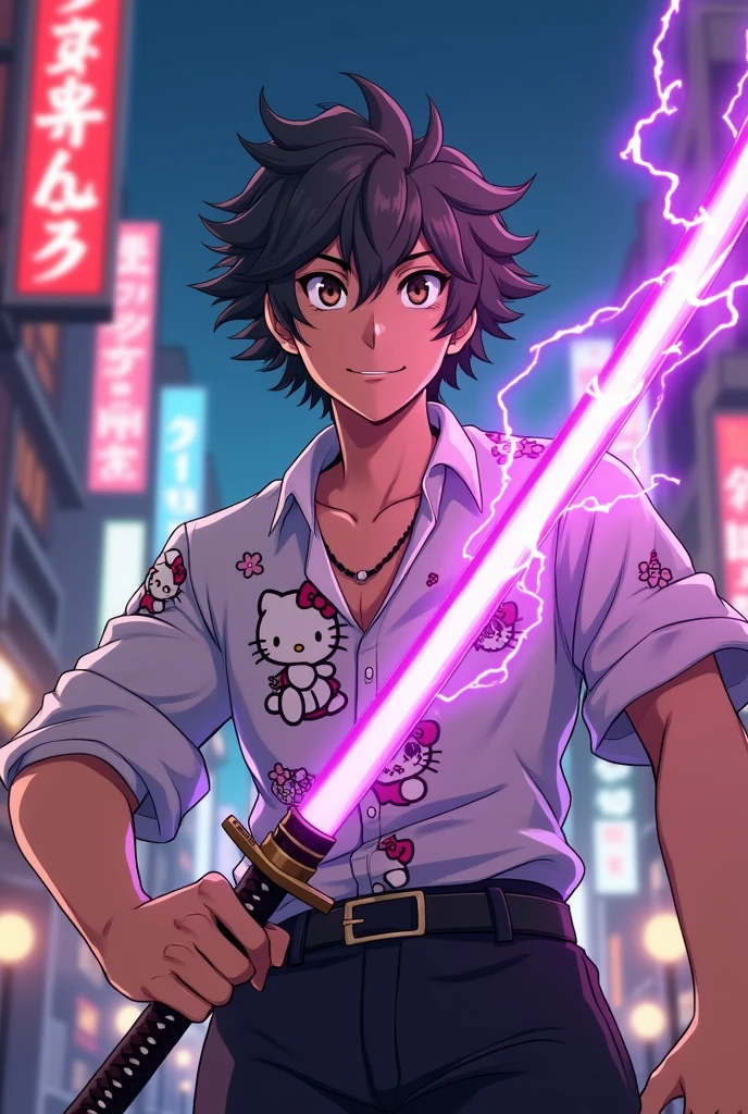 I want a character with brown eyes and curly hair, Half gray around the eye, He has a black mark, He has black hair, Make him smile, He's wearing a white shirt with a Hello Kitty print and black pants., The character is a male adult in anime style.&#39;Don't forget to make the black lightning blade he is holding a purple katana Imbued with black and red lightning