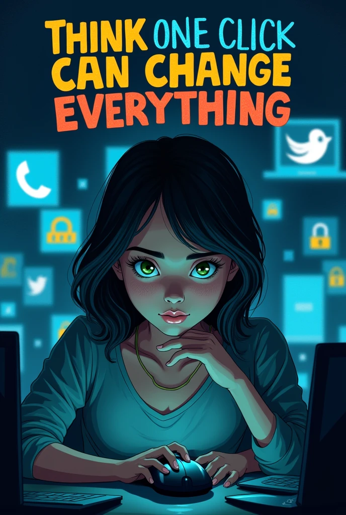 poster about "think before you click" with words and its effects

