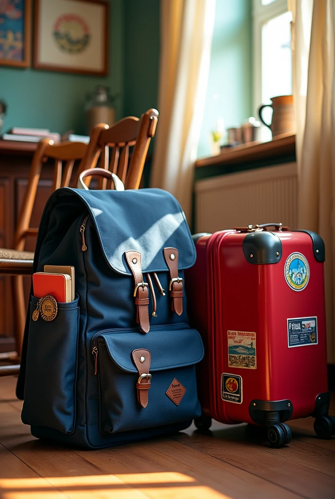 in this same picture, add some college bag and luggage near the side of chair.