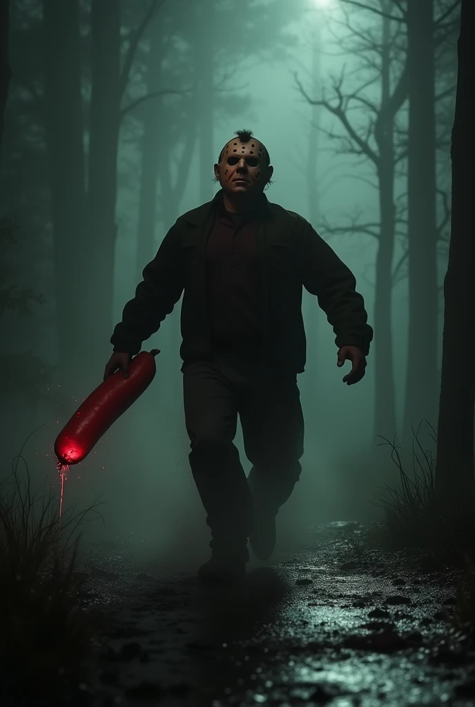 a_terrified_sausage,jason_voorhees_chasing,dark_horror_atmosphere,moody_lighting,cinematic_composition,dramatic_camera_angle,extremely_detailed,high_quality,photorealistic,horror_style