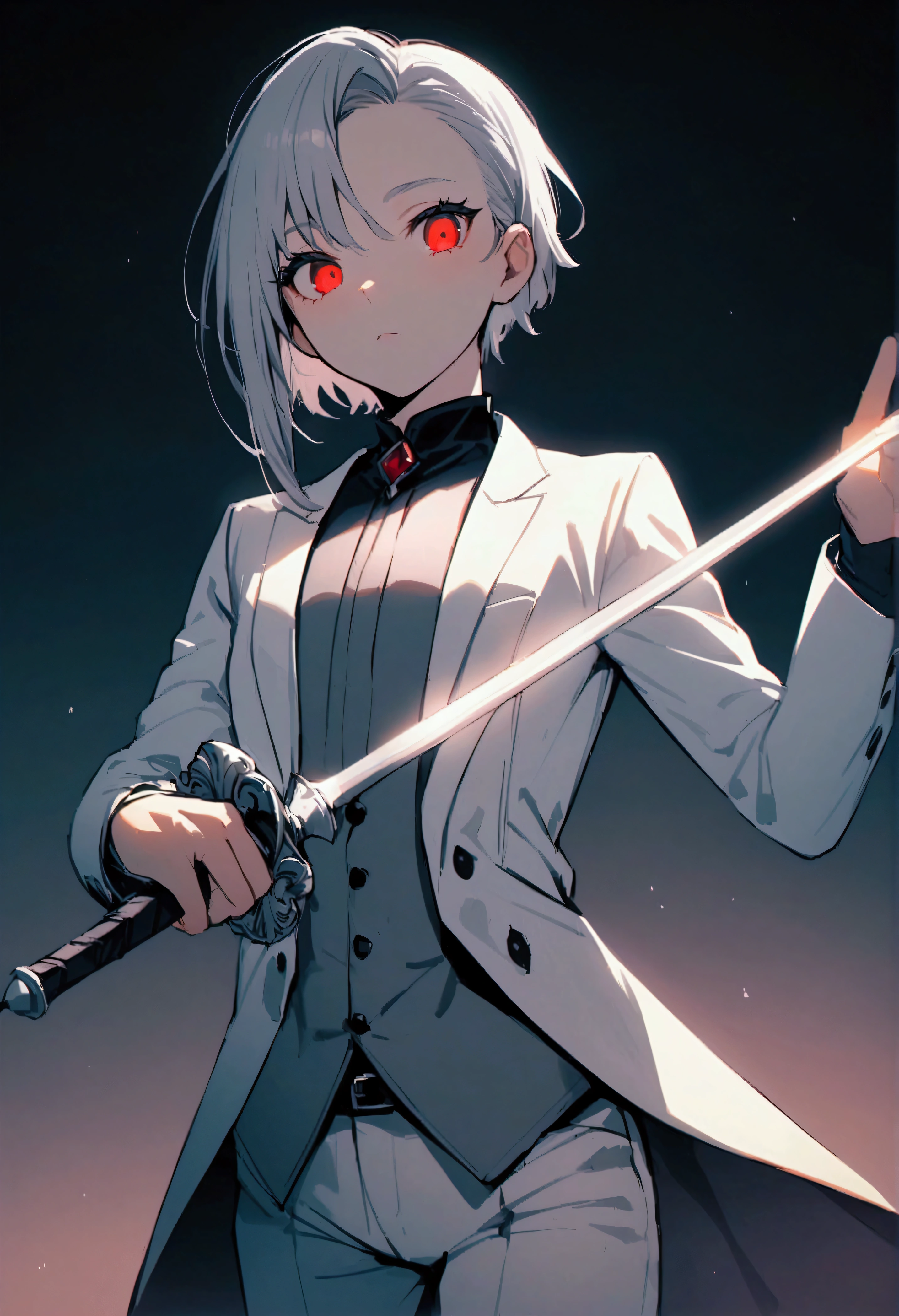 masterpiece、Highest quality、Absurd、One person、solo、Cowboy Shot、Beautiful Boy、short hair、Gray Hair、Red Eye、See who's watching、Oblique perspective、Asymmetrical Hair、White Tuxedo、White pants、Holding a sword rapier、Outdoor、Gradient Background、、、、