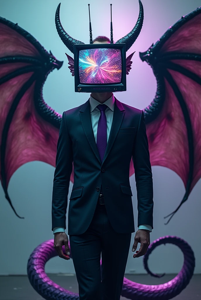 A man with tv head and Ying yang colored sea dragon ears, 1 horn and 1 antena. Using a black suit and purple tie. Black and white colored dragon wings and purple tail, fierce
