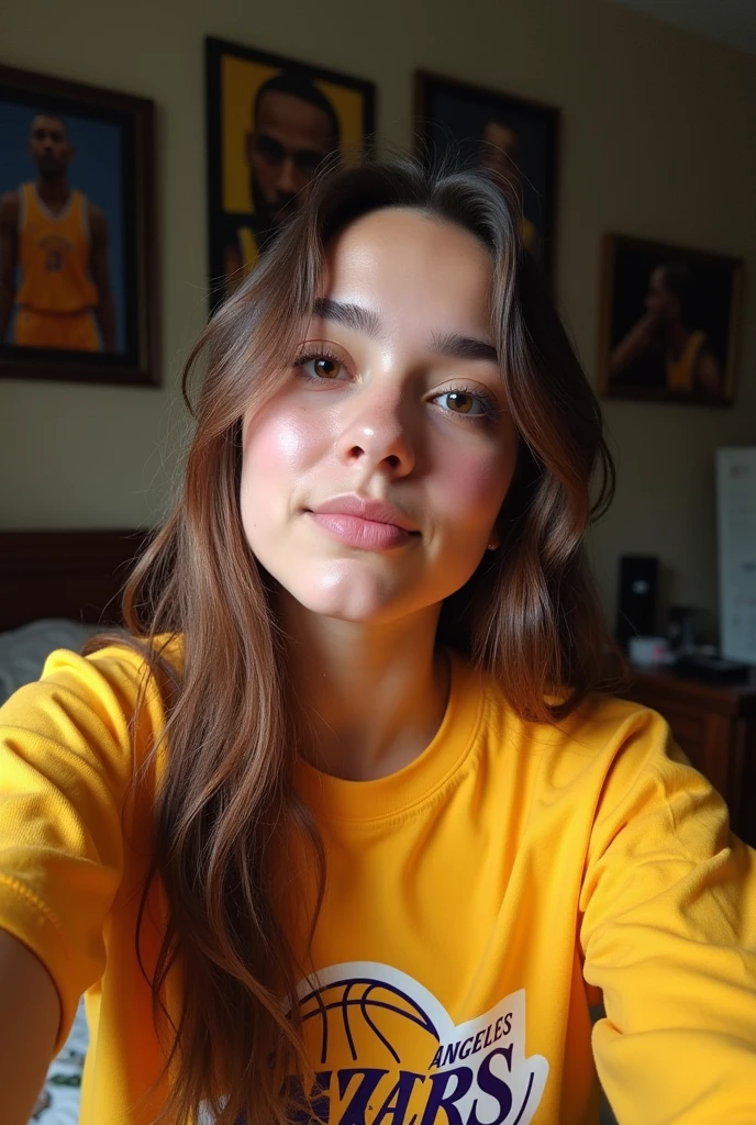 create a realistic photo, a beautiful 20 year old girl is taking an amateur selfie for Instagram, The photo should be realistic, but the quality not so good, add texture to the hair and skin, facefocus, she's wearing a Lakers shirt, she is in her room, in the background some nba paintings