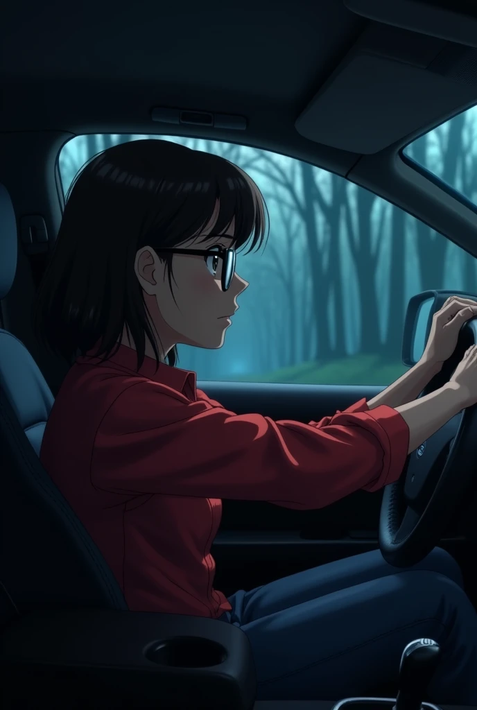 Inside the car, a woman in red shirt and spectacles is driving, her expression a mix of concern and determination. Her knuckles are white from gripping the steering wheel too tightly. The interior of the car is dimly lit, with only the dashboard lights casting a faint glow on her face. Through the windows, the dark forest stretches endlessly, and her eyes are darting to the rearview mirror, as if she’s expecting to see something following her. The atmosphere inside the car is thick with tension and unease.
Cinematic view. Anime style