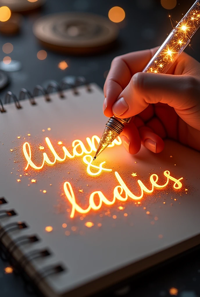 A bewitching, L'16K hyper-realistic 3D illustration captures a magical moment of pure creativity. Un artiste talentueux esquisse magistralement un message sincère, "liliana & ladies ", in a notebook. The text is composed of vibrant, étoiles de couleur sépia qui traversent en douceur tout le spectre. La main de l'artiste, tenant un stylo transparent rempli d'radiant stars, is superbly detailed, symbolisant une créativité et une imagination sans limites. L'arrière-plan est un décor de carnet de croquis en trois dimensions avec des éléments dispersés partout, adding depth and dimension to this captivating, gameffiti-inspired scene. L'illustration rayonne d'energy, movement, et des couleurs vibrantes, which makes it a true work of'art that celebrates creativity and'imagination., game, cinematic, vibrant, gameffiti, paint, typogamephy, produit, illustration, photo, 3d rendering, vogue, Dark fantasy