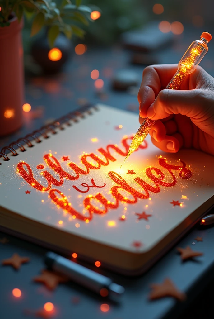 A bewitching, L'16K hyper-realistic 3D illustration captures a magical moment of pure creativity. Un artiste talentueux esquisse magistralement un message sincère, "liliana & ladies ", in a notebook. The text is composed of vibrant, étoiles de couleur sépia qui traversent en douceur tout le spectre. La main de l'artiste, tenant un stylo transparent rempli d'radiant stars, is superbly detailed, symbolisant une créativité et une imagination sans limites. L'arrière-plan est un décor de carnet de croquis en trois dimensions avec des éléments dispersés partout, adding depth and dimension to this captivating, gameffiti-inspired scene. L'illustration rayonne d'energy, movement, et des couleurs vibrantes, which makes it a true work of'art that celebrates creativity and'imagination., game, cinematic, vibrant, gameffiti, paint, typogamephy, produit, illustration, photo, 3d rendering, vogue, Dark fantasy