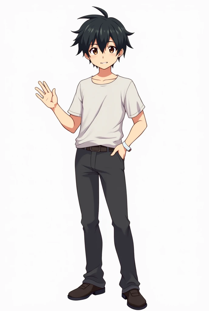 A simple 2d anime men character standing with black hair brown eyes hand in explaining gesture full body no background