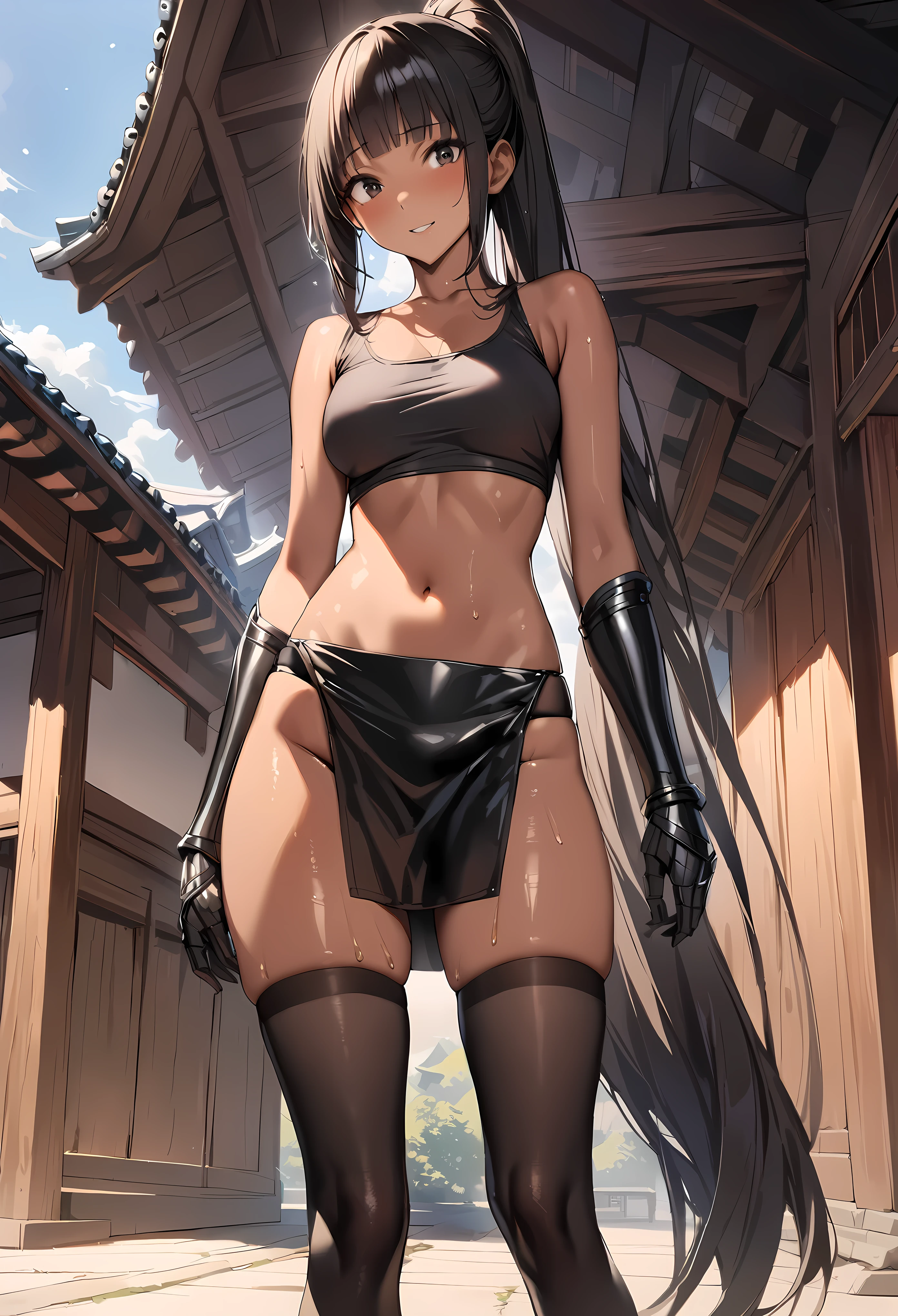 ((masterpiece,best quality anime,Highest quality:1.3)),realistic,cowboy shot,(25 year old beauty),Female ninja、1woman,solo,((very small head:1.4)),((very long body:1.3)),black hair,bangs,(long ponytail hair),gorgeous big eyes,black eyes,smile,((tan skin:1.4)),((slender body:1.3,skinny)),medium breasts,gleaming skin,shiny skin,((black loincloth:1.3,Black tube top shirt、navel、Black leather gauntlets,black_thighhighs)),sweat:1.3,standing,Outdoor、sunny、Domestic、temple、
