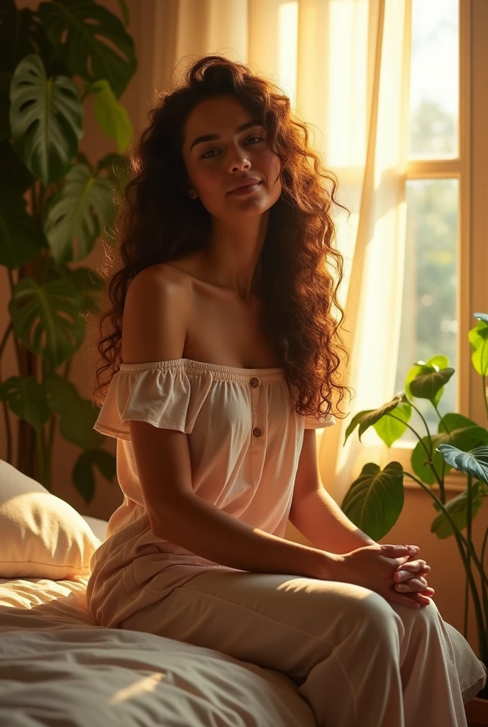 (photorealism:1.2), beautiful woman, sitting on bed, wearing loose off-shoulder top, pajama pants, long curly hair, indoors, soft lighting, plants in background, window with sunlight, cozy room, relaxed pose, realistic, intricate details, warm colors, by Greg Rutkowski, by Alphonse Mucha