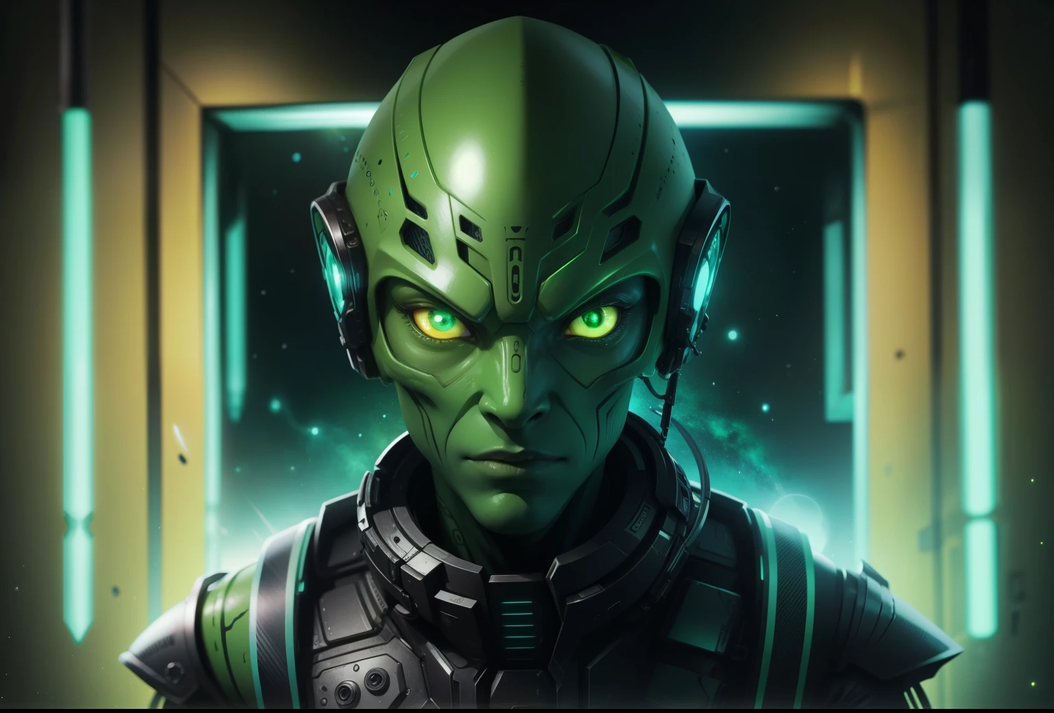 humanoid green skin colour alien, yellow eyes, space background, well detailed, 1080, realistic colours