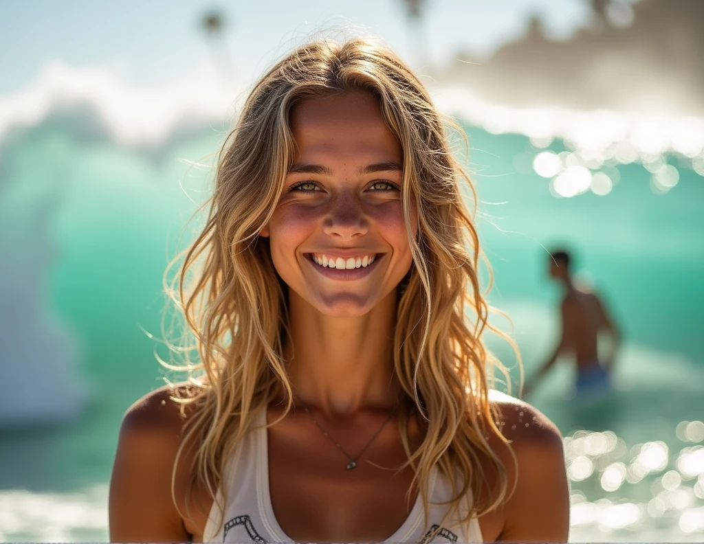 shot of a female surfer, Sally Fitzgibbon with blonde hair and brown highlights, and a soft smile, facing the camera. She is 21 years old.