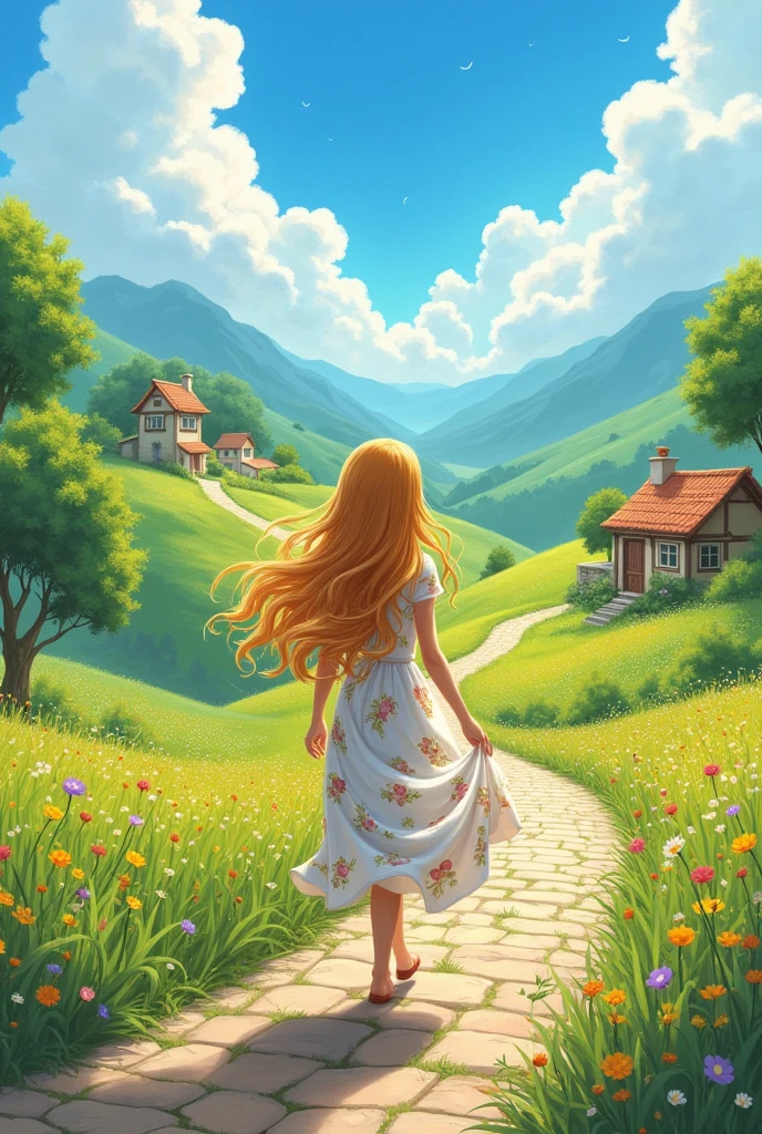 a beautiful animated girl who is living in beautiful land she is walking on road