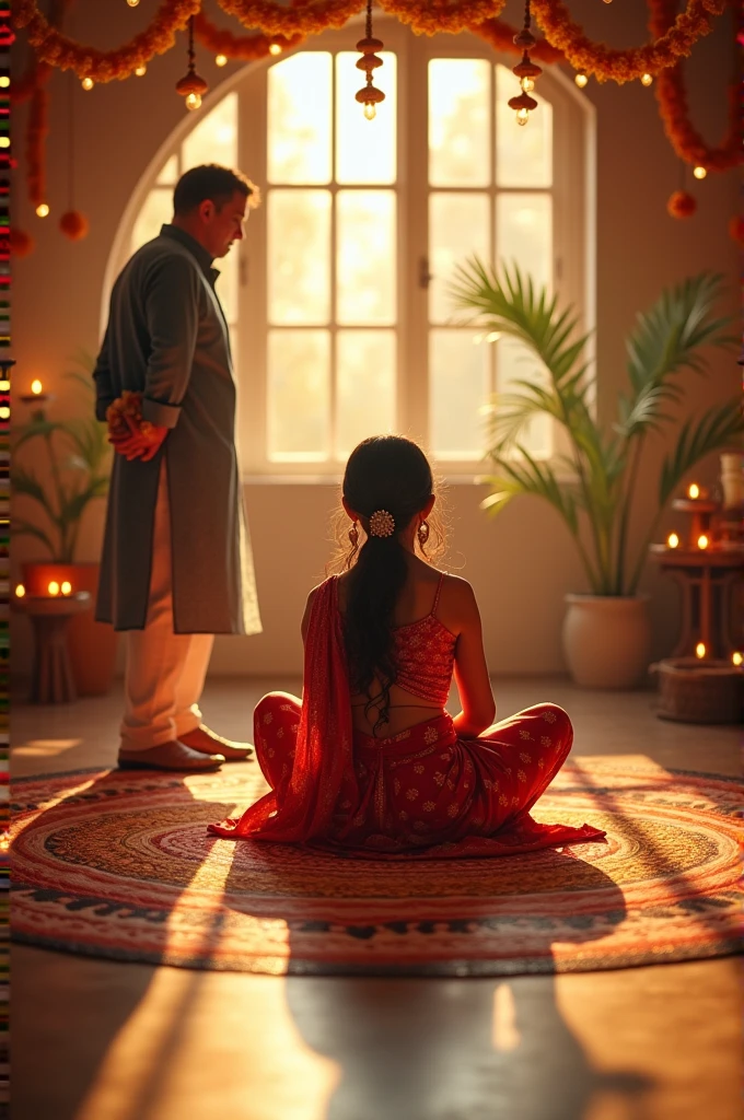 A 20 year old girl wearing saree sitting on floor near a rangoli
A man standing next to her wearing kurta
hiding a gift in his hand