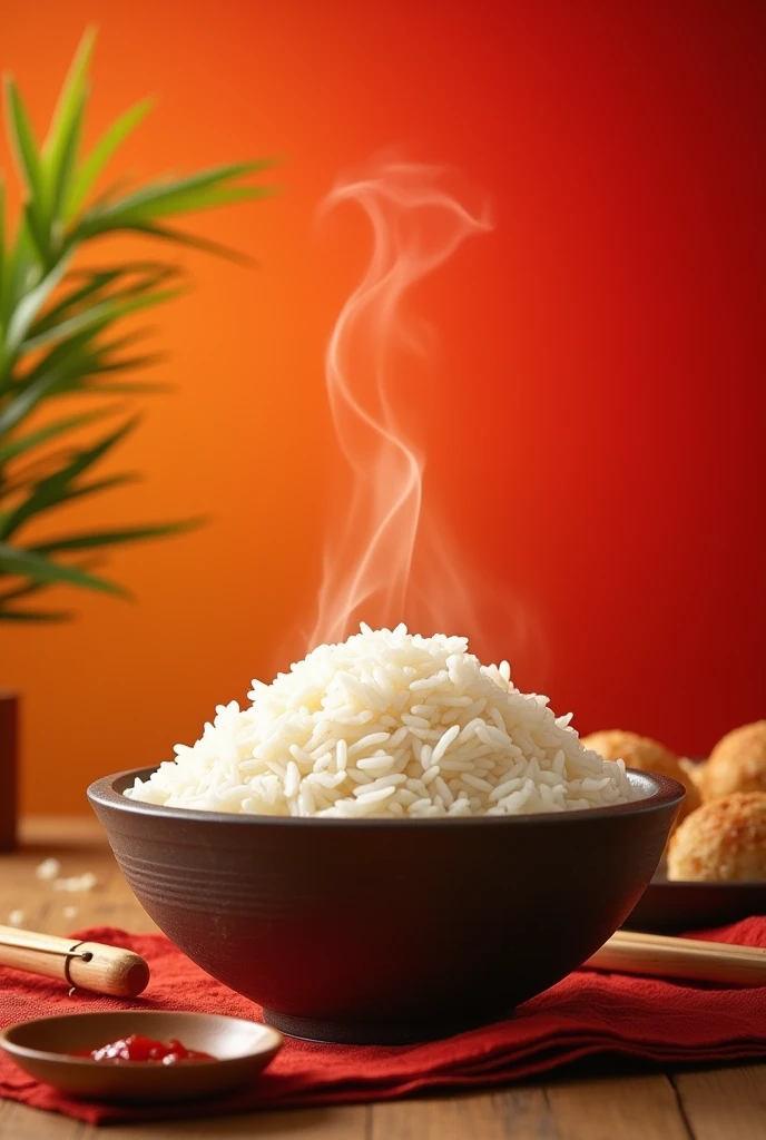 Make me a picture for extra rice background red yellow with a description of warm rice and other interesting explanations (plain white rice) to be included in shopeefood merchant