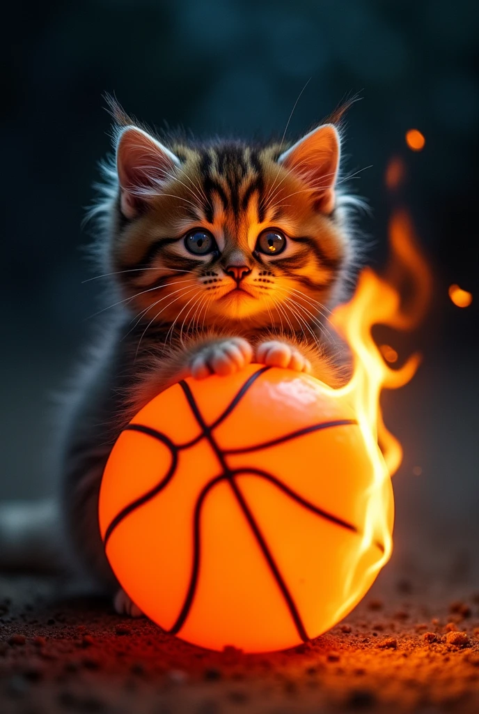 A cute cat holding a basketball on fire in the dark