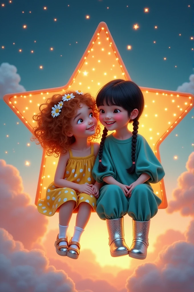 2 girls wearing cute outfits and sitting in a big star