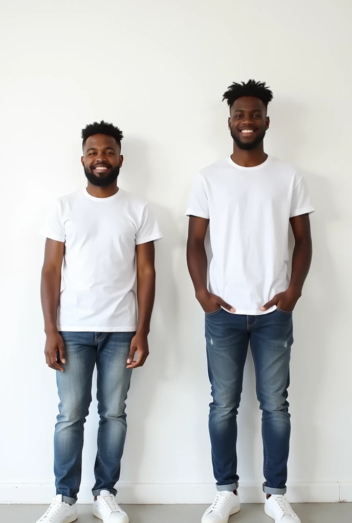 Create a split-image of the same man shown side by side against a plain white background to illustrate a before and after transformation. In the 'before' image on the left, depict the brown skinned man as shorter and wearing a plain white T-shirt and jeans. In the 'after' image on the right, show the same man 17 centimeters taller, wearing the same white T-shirt but with casual pants instead. Both images should have the man smiling and looking directly at the camera, with a noticeable difference in height and presence. The background should be minimalist with natural lighting, highlighting the transformation.