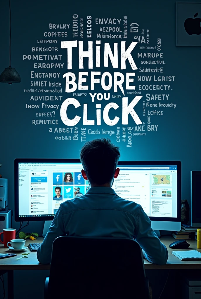 poster about "think before you click" with many words and its effects
