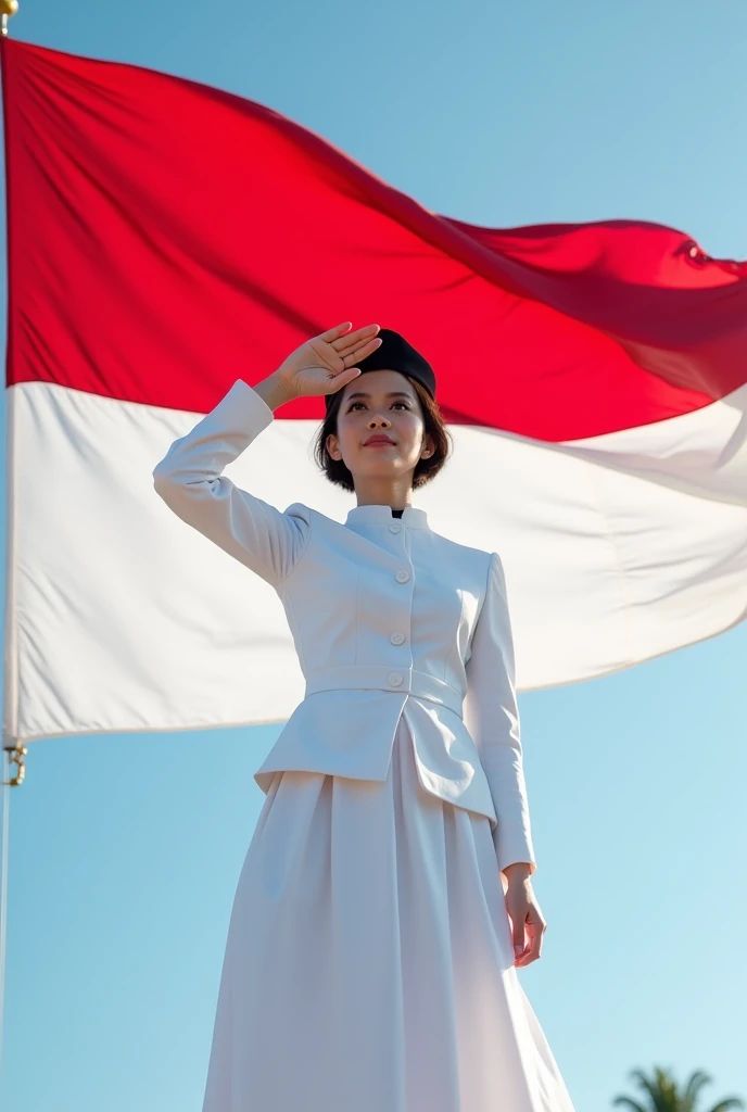 an Indonesian woman, short hair, black cap, wearing a white flag-raising uniform without emblem and a long white skirt, is saluting with her hand on her forehead, with the Indonesian flag flying in the background. look at the viewer, natural light, realistic photography, wide angle shot.