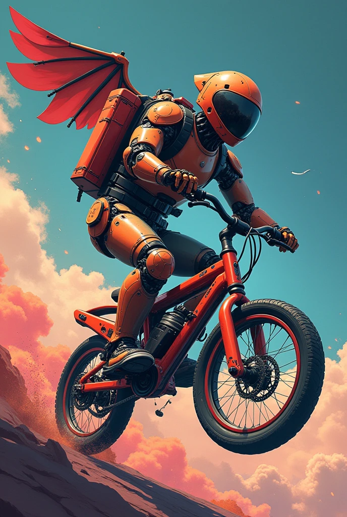 sexy massive android, robot, big backpack with wide wing, Performing acrobatics on a small bicycle, (cum splash:1.3), sparkling and colorful ink background, in Space War, dildo toy, vibrator, handcuffs, large hole, Depth, bokeh, An illustration,