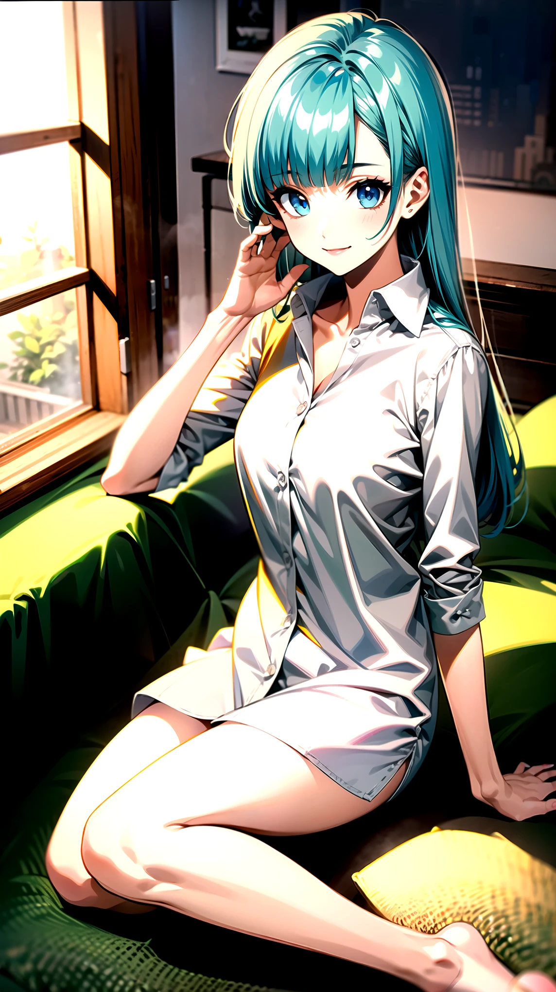((super high quality,Ultra-high resolution,4K,8k,super masterpiece,Ultra HD ,Detailed shading)),Full body photo,By the window in the morning sun,Sit on the bed,1 high school girl,popped collar White shirts,Tight collar,Bend your sleeves up to your elbows.,Straight emerald blue hair that extended to her shoulders,Side-swept bangs,Light blue eyes,Sharp gaze with raised eyebrows,smile,