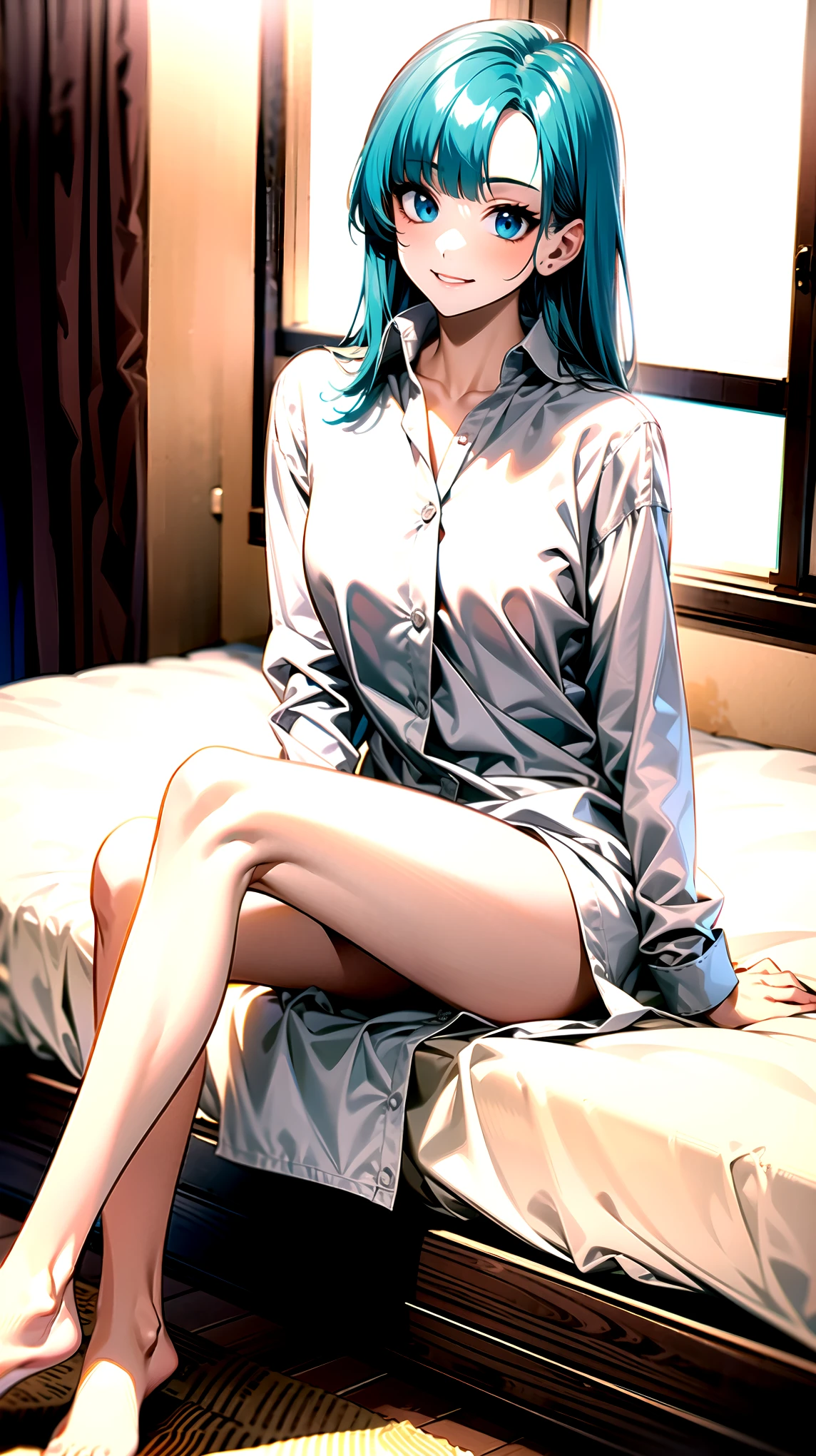 ((super high quality,Ultra-high resolution,4K,8k,super masterpiece,Ultra HD ,Detailed shading)),Full body photo,By the window in the morning sun,Sit on the bed,1 high school girl,popped collar White shirts,Tight collar,Bend your sleeves up to your elbows.,Straight emerald blue hair that extended to her shoulders,Side-swept bangs,Light blue eyes,Sharp gaze with raised eyebrows,smile,