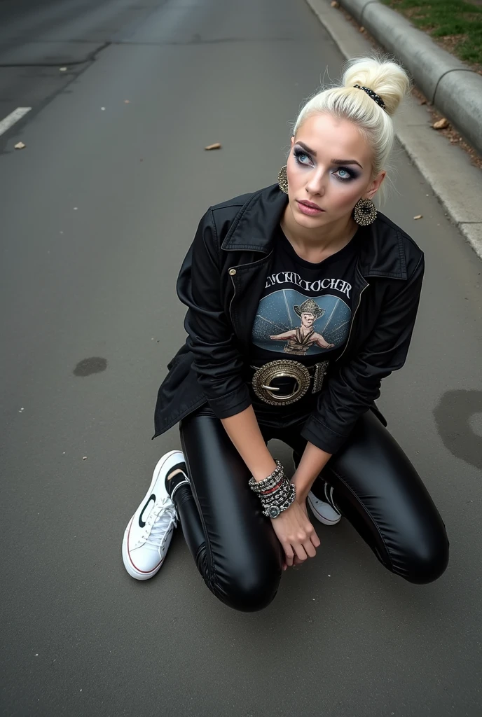 russian woman, Platinum blonde hair pulled back in a high bun ,with very light blue eyes, very pale, thick eyeshadow, excessive makeup. She wore a black jacket, cropped rock T-shirt, black leather jeans and white sneakers. Wide belt with gaudy and large buckle. Many metal bracelets, large hoop earrings. On her knees in the street, she believes she is seeing God. Facial expression with fear

INFO
