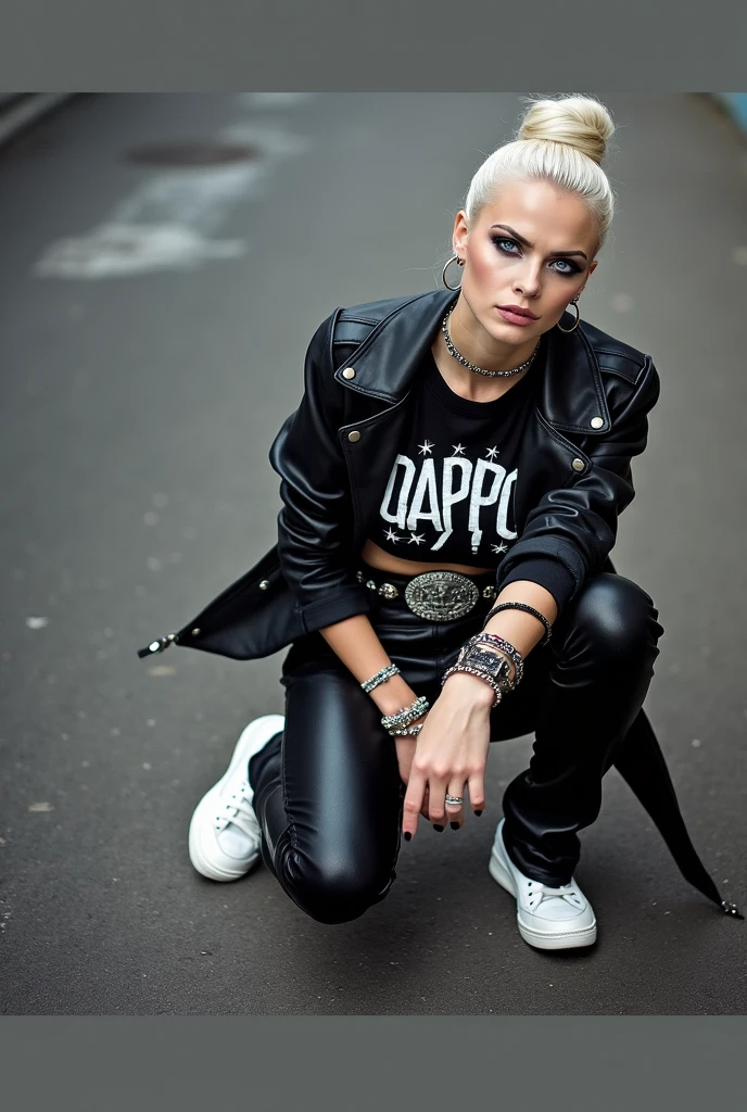 russian woman, Platinum blonde hair pulled back in a high bun ,with very light blue eyes, very pale, thick eyeshadow, excessive makeup. She wore a black jacket, cropped rock T-shirt, black leather jeans and white sneakers. Wide belt with gaudy and large buckle. Many metal bracelets, large hoop earrings. On her knees in the street, she believes she is seeing God. Facial expression with fear
INFO