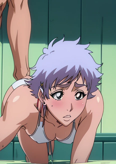 masterpiece, Very detailed, Beautiful white skin with a pinkish tint, Too big breasts,sexy short cut, cute,Subjective,Shiny skin, Troubled face,Peeking into this,Light blush, Stick your  out,whole body,Swimwear, camel toe,back view,On all fours,How a cat stretches, The whole body is soaked, touch , A lot of water drips from the , sticky liquid