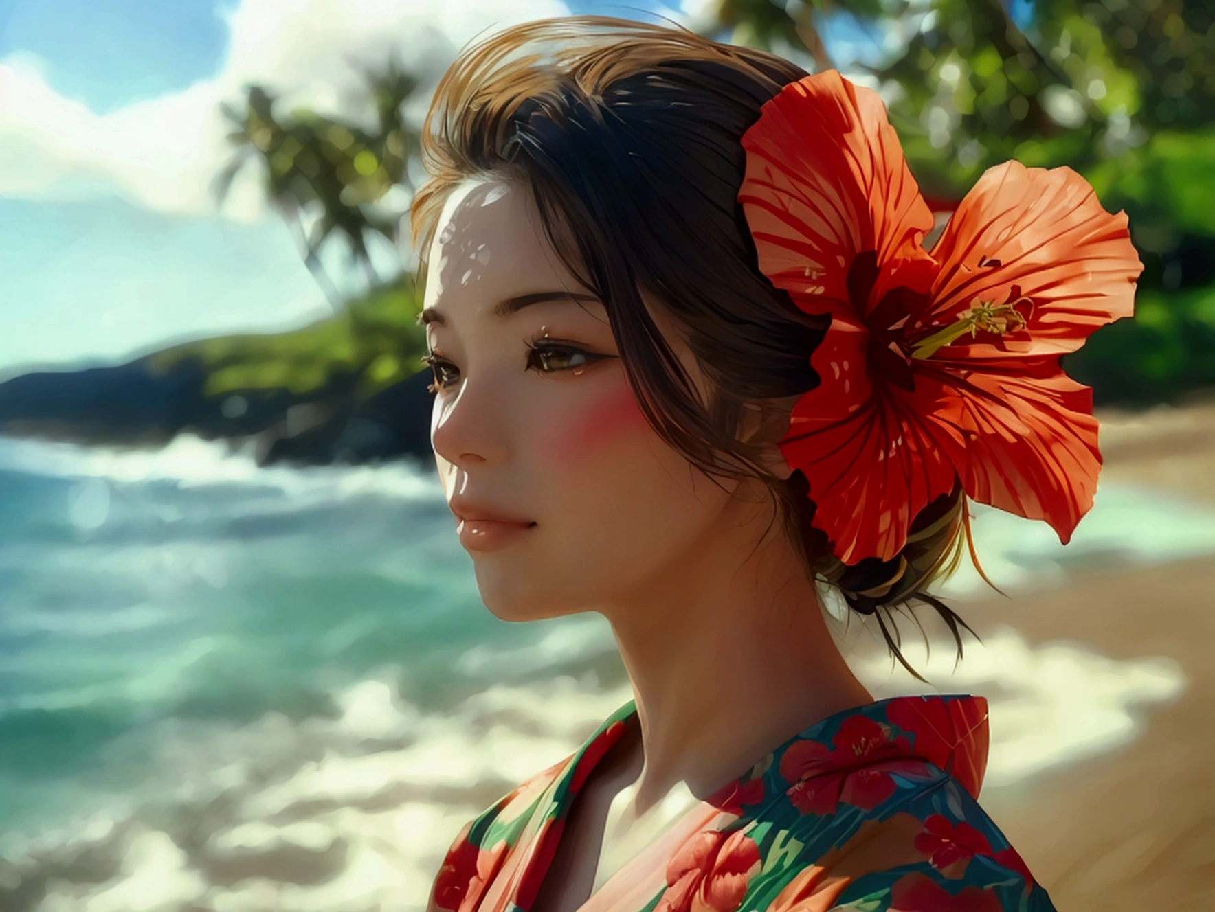 A beautiful woman in a kimono with a hibiscus flower in her hair on a Hawaiian beach with palm trees。Tropical South Seas、The summer sun is dazzling、Vacation mood、