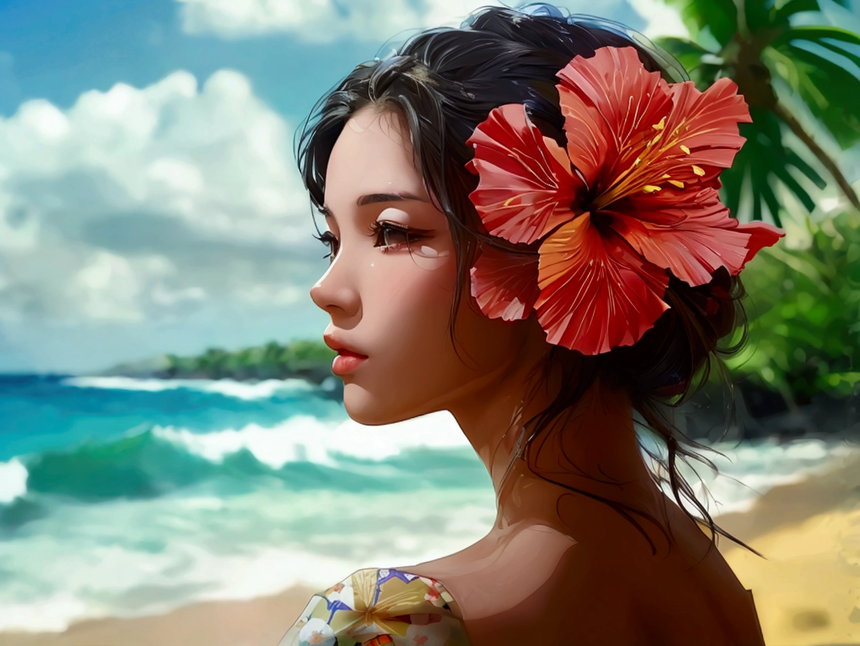 A beautiful woman in a kimono with a hibiscus flower in her hair on a Hawaiian beach with palm trees。Tropical South Seas、The summer sun is dazzling、Vacation mood、