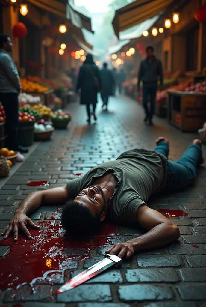 4k, ultra realistic, realistic, textured skin, crime scene, knife, stabbed, men,
dead body, market place