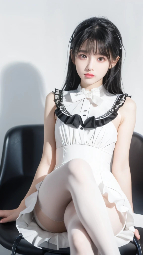 Super cute black hair，White Lolita dress girl. 8K ultra-high quality, Delicate texture, Pure white background，（Wear black pantyhose），Show long legs，sit on the chair，18-year-old girl